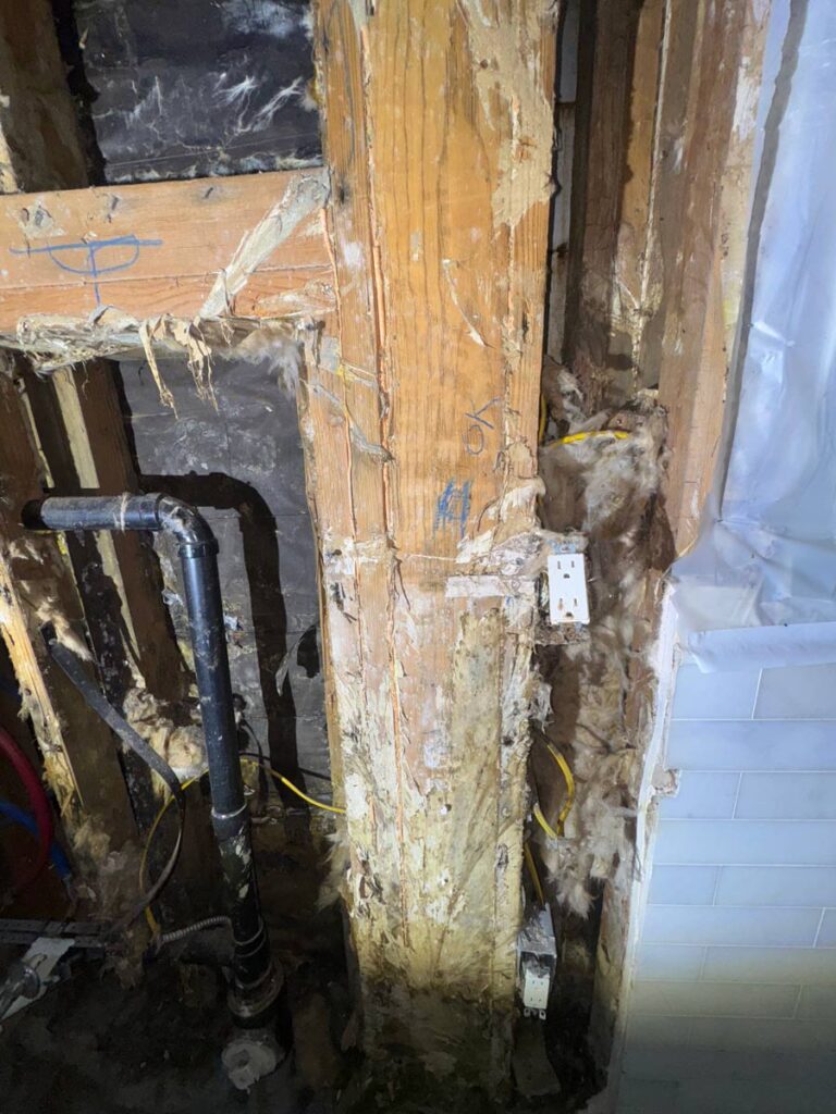 Laguna Beach Property – Structural Mold Species Identification 6 Damaged Wood Framing With Exposed Insulation And Electrical Wires In A Partially Deconstructed Wall, Showing Signs Of Moisture Damage.